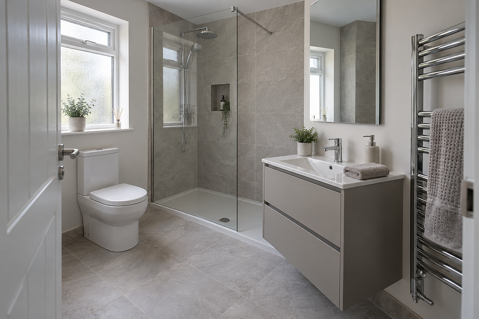 Modern bathroom with a glass shower enclosure, wall-mounted sink, and towel radiator.