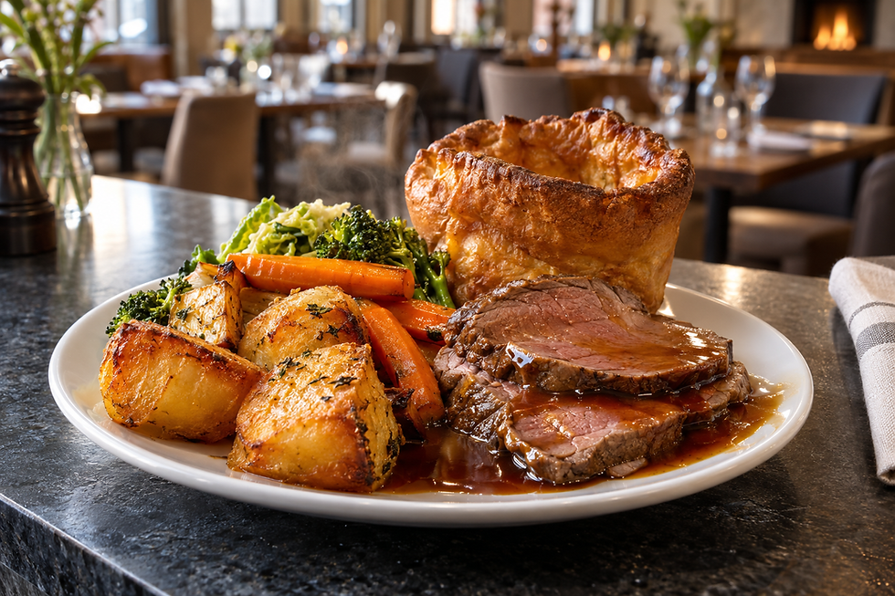A hearty roast dinner with beef, roast potatoes, Yorkshire pudding, carrots, and greens served on a white plate in a