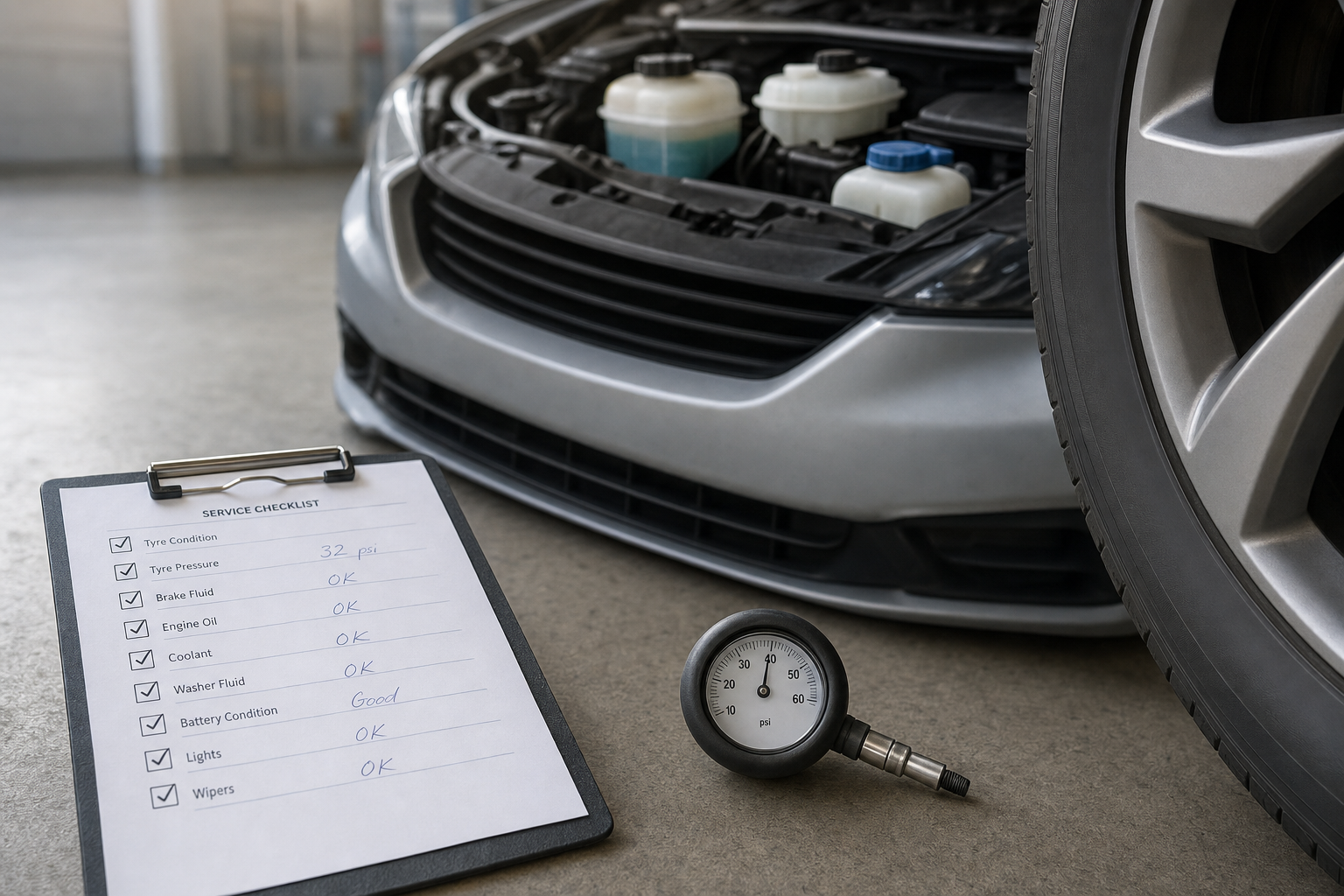 Car maintenance scene with a service checklist, tyre pressure gauge, and vehicle bonnet open in a garage.