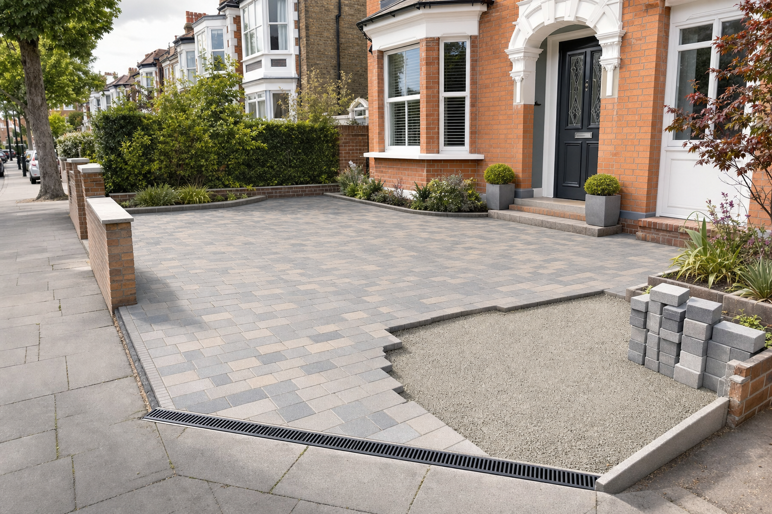 A partially finished stone driveway with paving blocks stacked at the side, in front of a brick house.