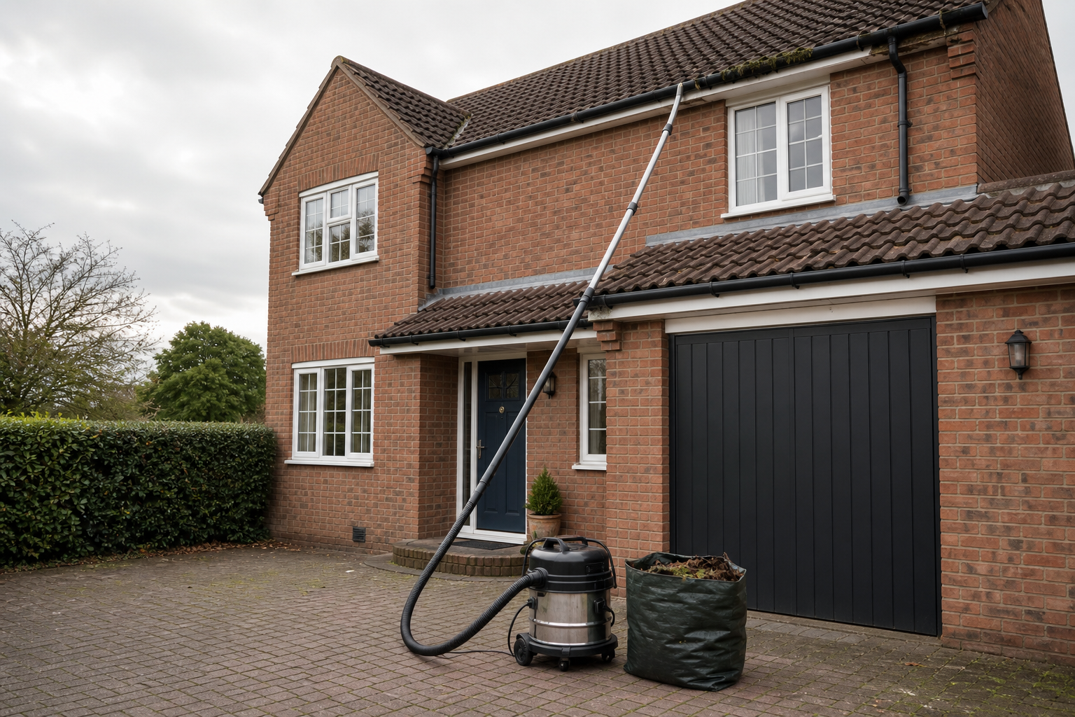 A two-storey brick house with a vacuum cleaner used for gutter cleaning and a green bag filled with debris on the driveway.