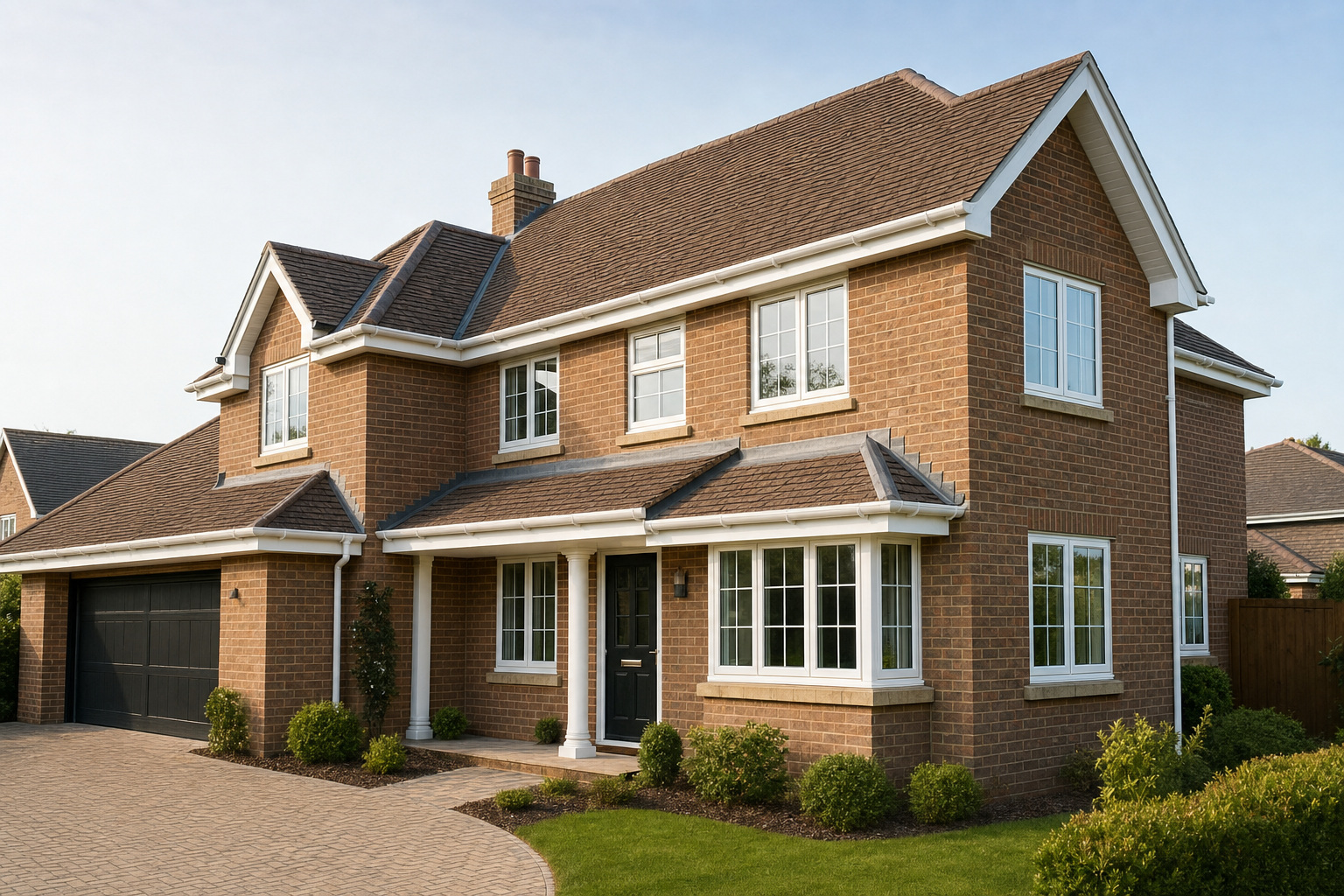 A modern two-storey brick house with white-framed windows, a black front door, and a surrounding garden.