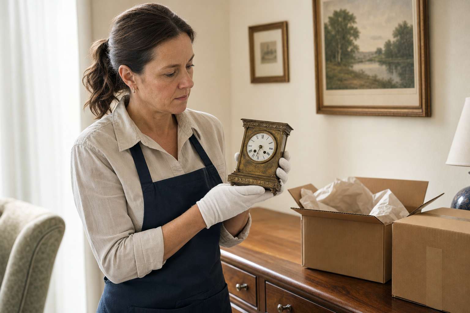 A woman wearing gloves examines an antique clock beside a cardboard box on a wooden dresser.
