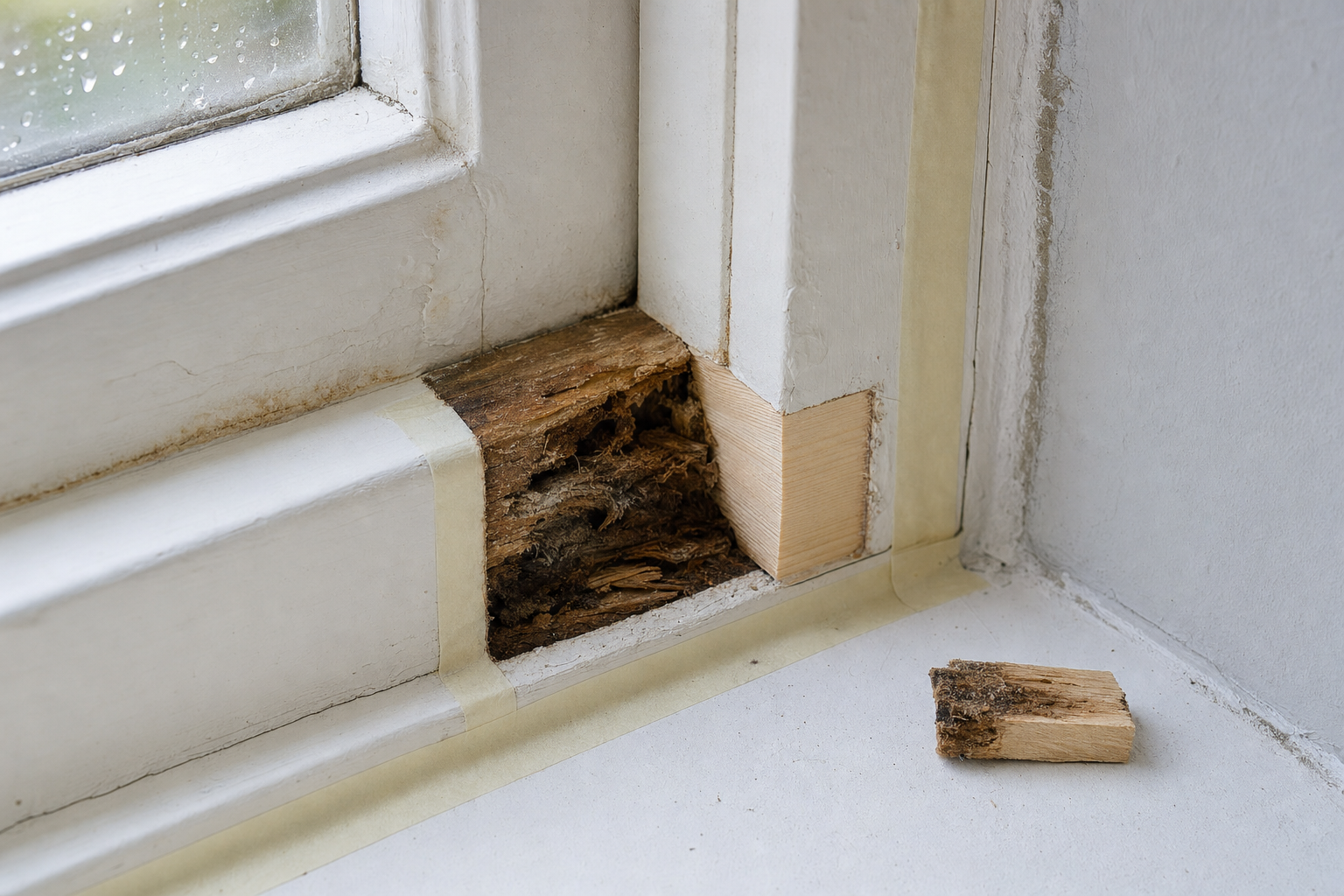 A window frame corner shows wood rot damage with a new wooden section inserted and an old piece removed nearby.