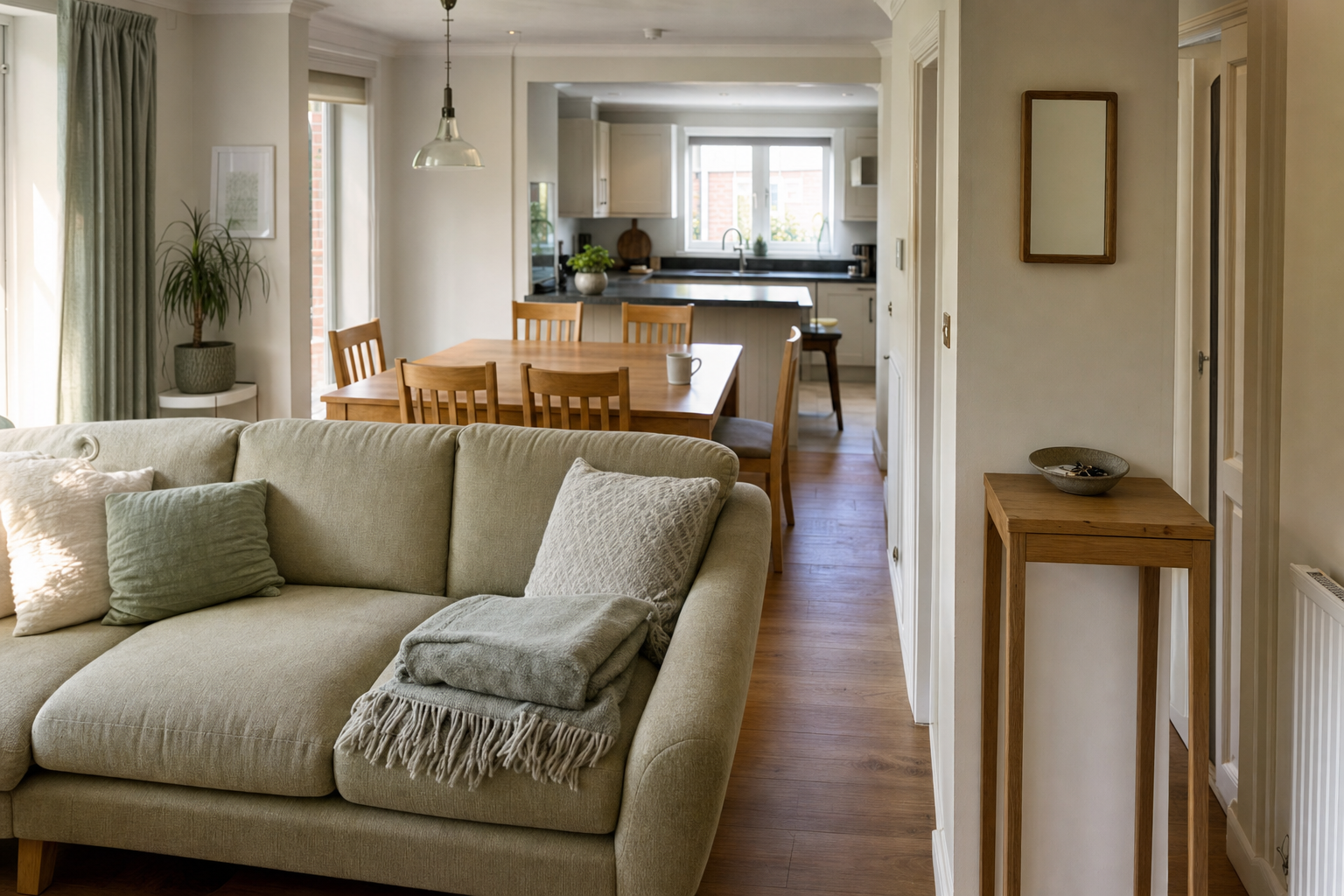 Modern open-plan living and dining area with a green sofa, wooden table, and kitchen in the background.