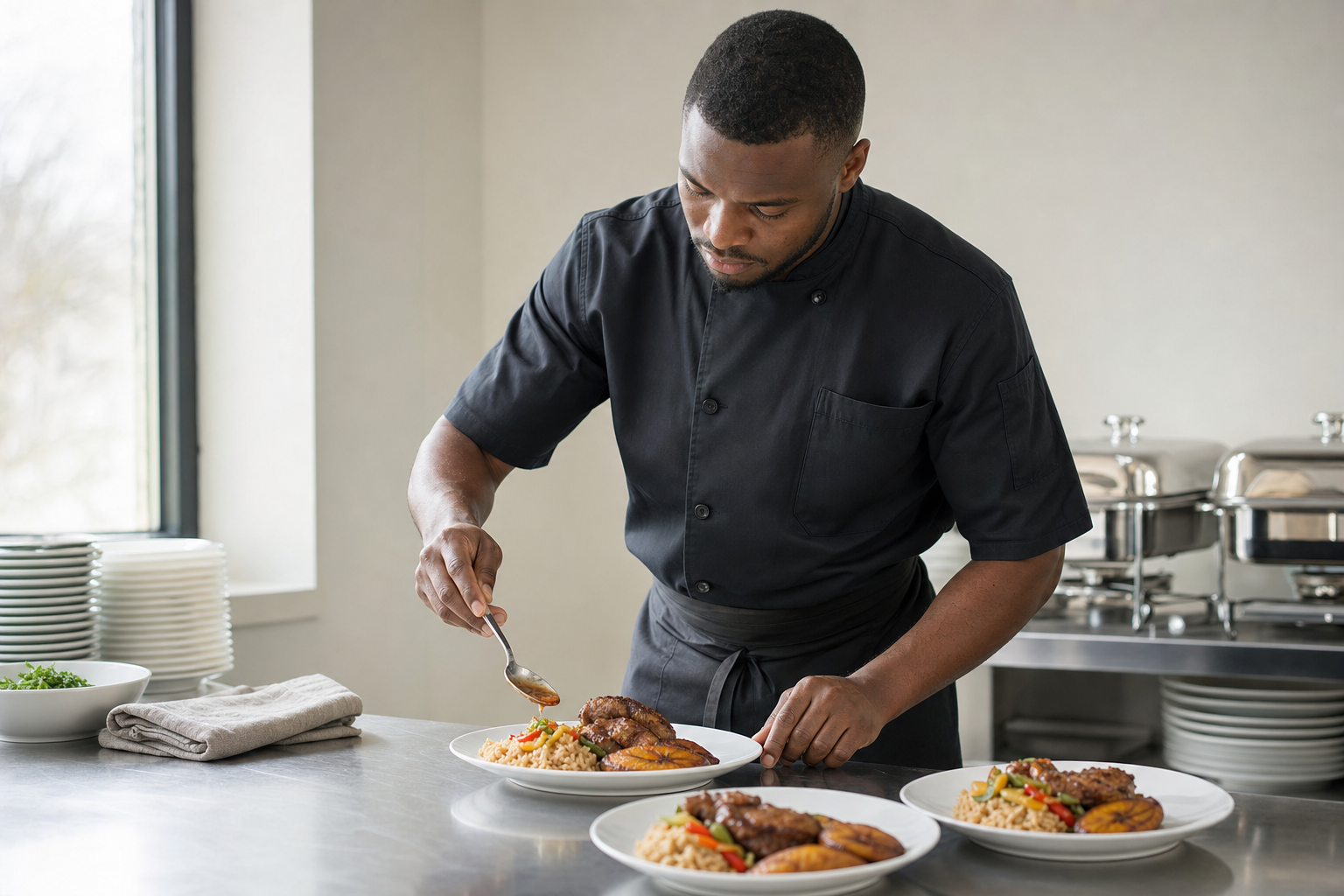 A chef in a black uniform carefully decorates plates of food in a professional kitchen.