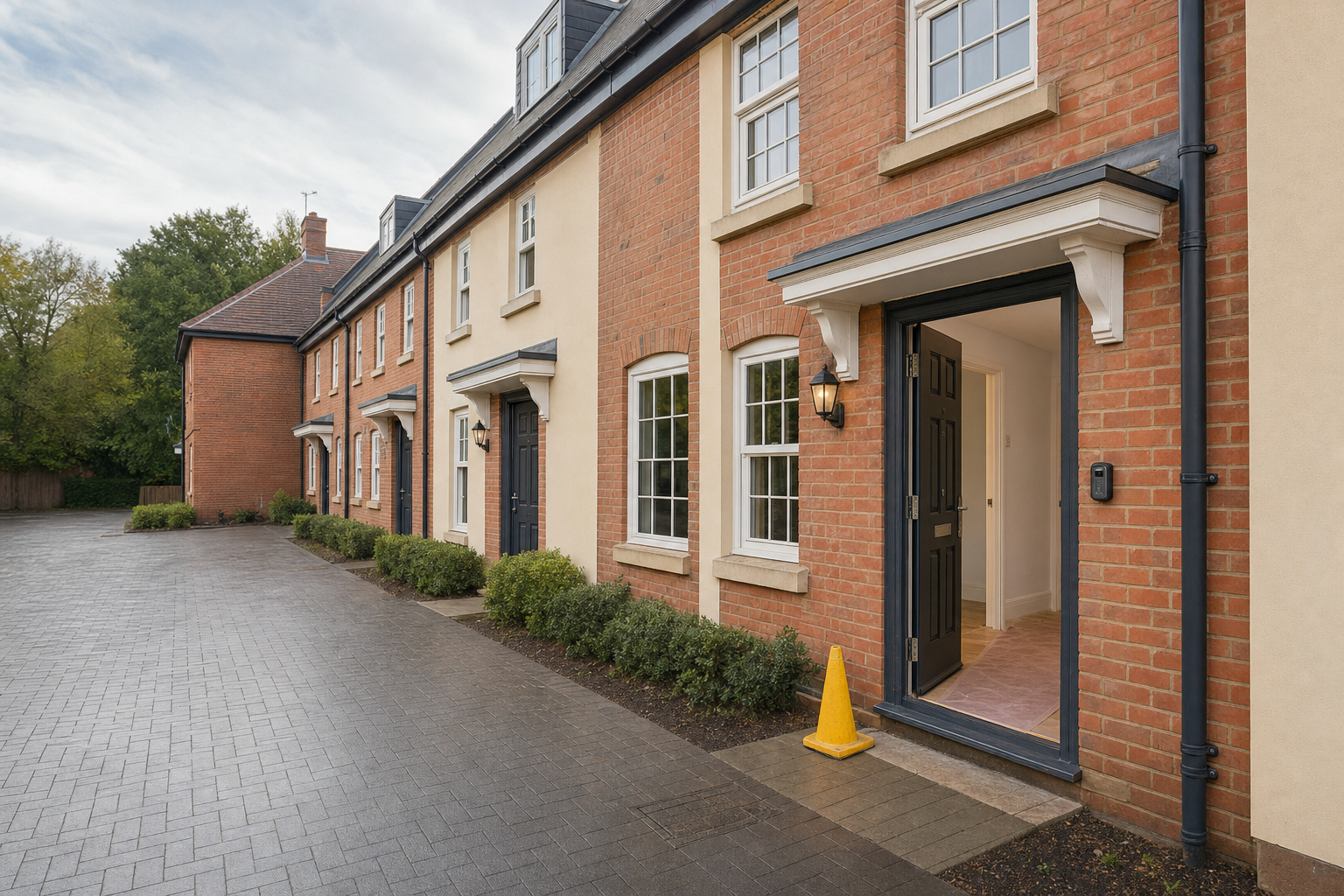 Row of modern terraced houses with open black door and a yellow cone on the pathway.