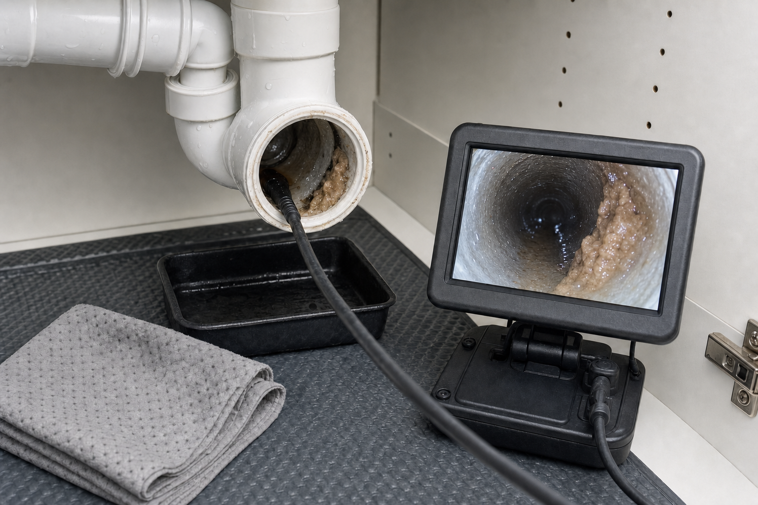 Endoscope camera inspecting a clogged drainpipe, with the pipe's interior visible on a small monitor.
