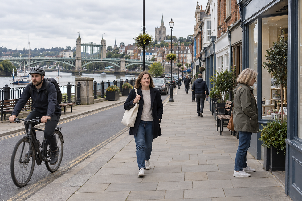 A woman walks along a riverside street with a cyclist passing by and a bridge visible in the background.
