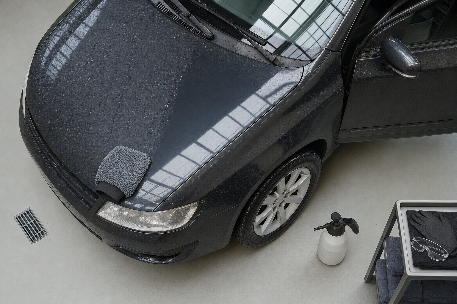 Dirty car being cleaned with a microfiber cloth, spray bottle, and cleaning accessories on a table nearby.
