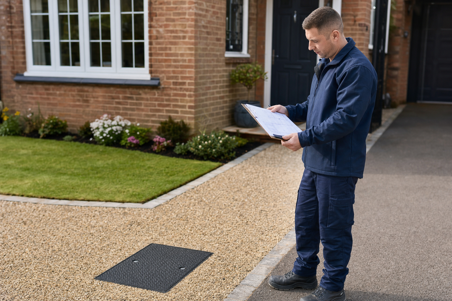 A man in a navy uniform studies a clipboard while standing on a gravel path near a brick house.