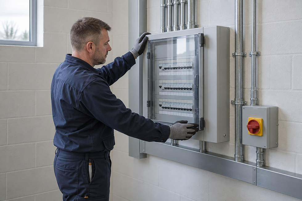Technician in overalls and gloves inspecting an electrical panel on a white brick wall.