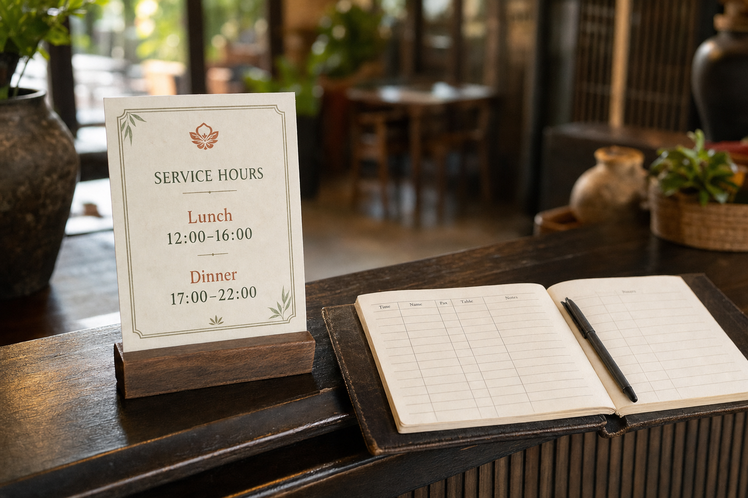 Restaurant service hours sign and a reservation book with a pen on a wooden counter.