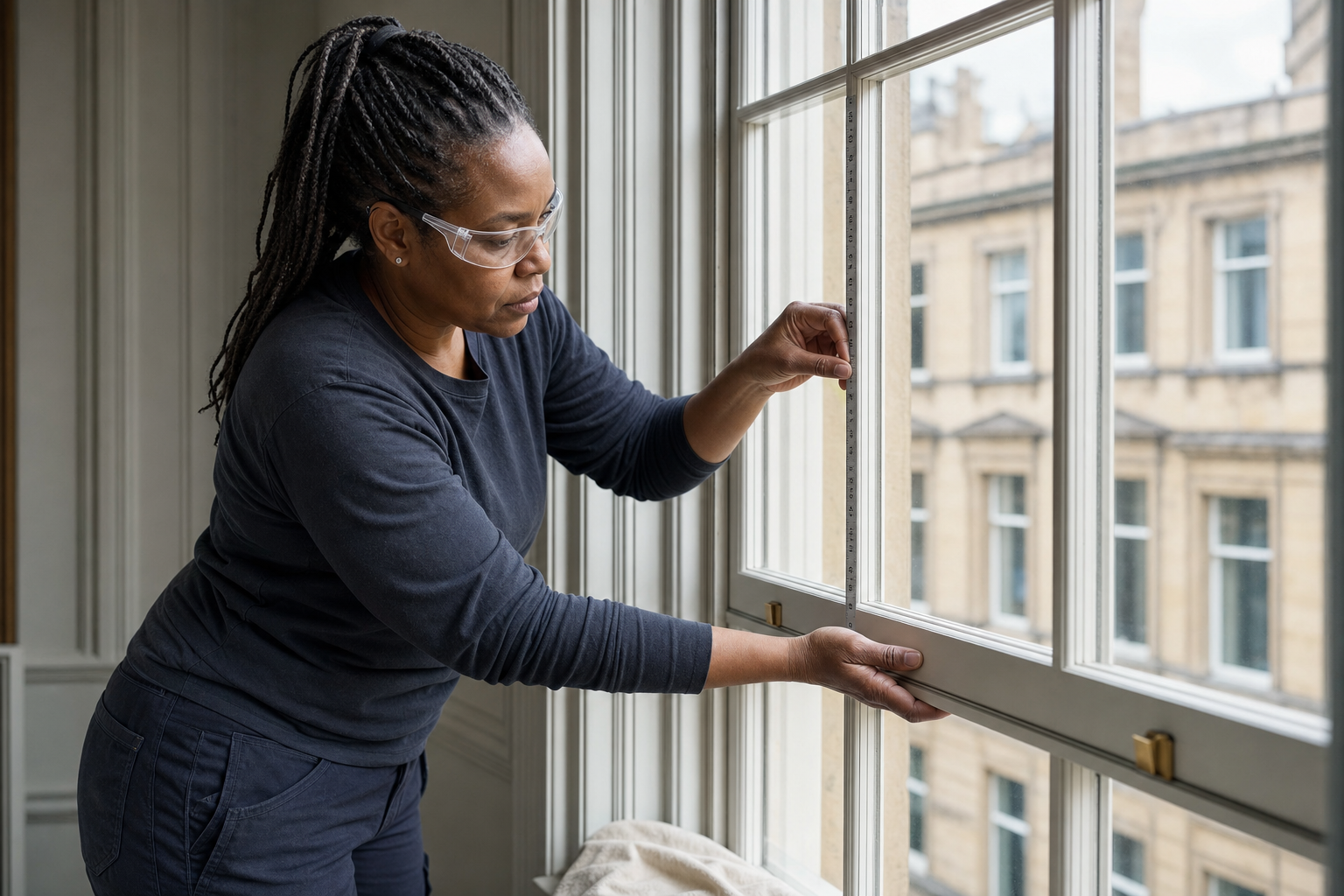 Person wearing safety glasses measuring a window frame inside a room.