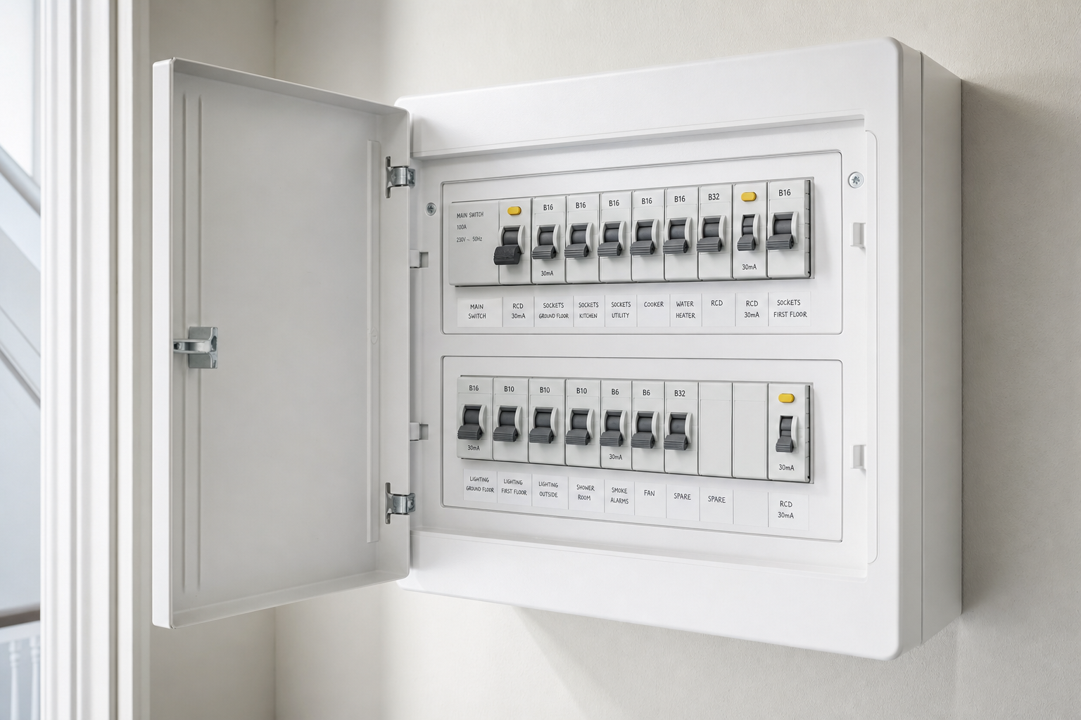 An open electrical circuit breaker panel with labelled switches for household utilities.