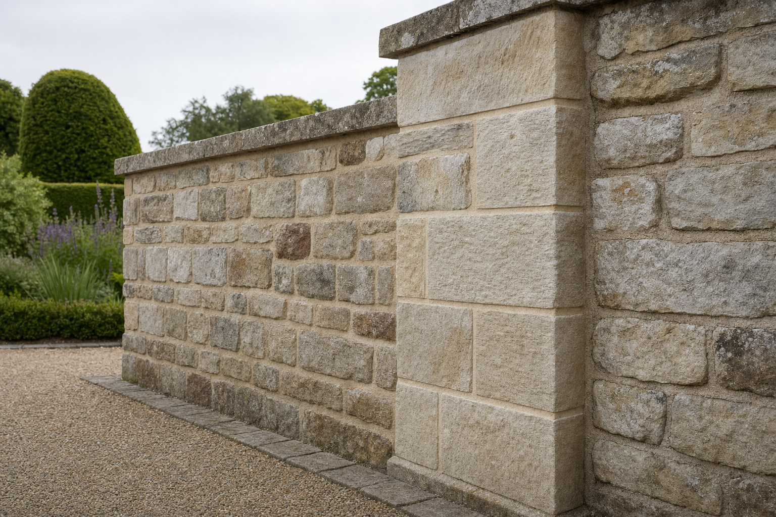 A stone garden wall with neatly trimmed hedges and gravel pathway in the background.