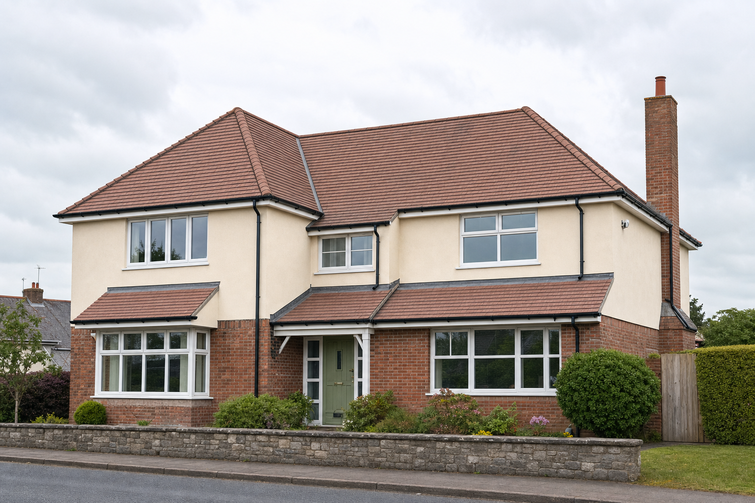 Two-storey detached house with a red-tiled roof and well-maintained front garden.