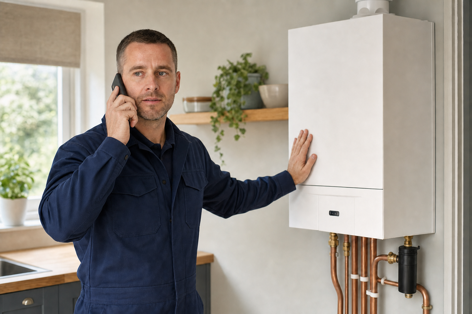 Engineer in overalls on the phone, inspecting a boiler in a modern kitchen setting.