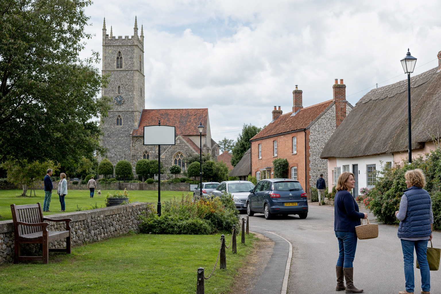 Village scene with people talking, parked cars, historic church, and traditional houses on a cloudy day.