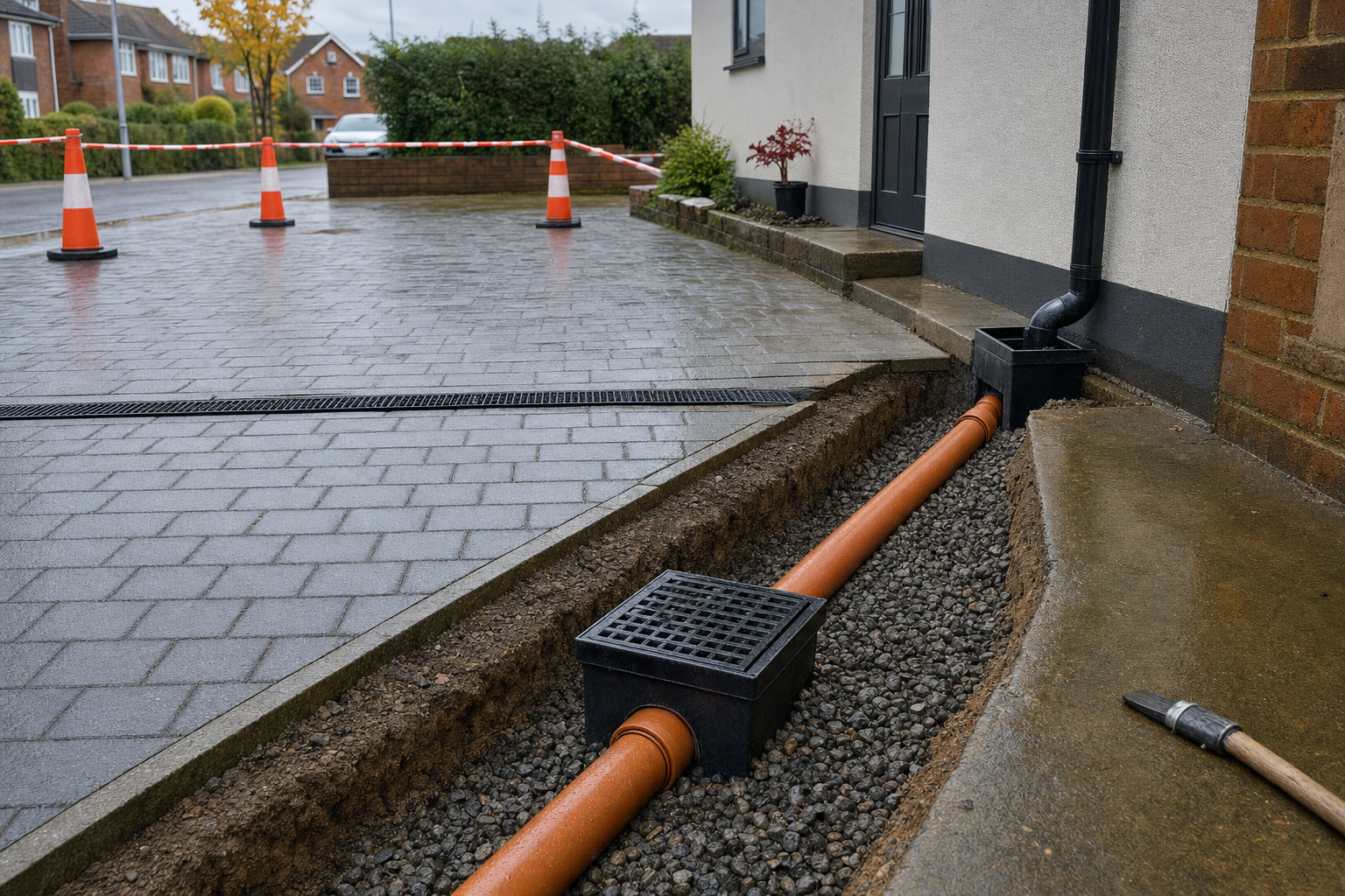 A newly installed drainage system with orange pipes runs alongside a paved driveway, with traffic cones in the background.