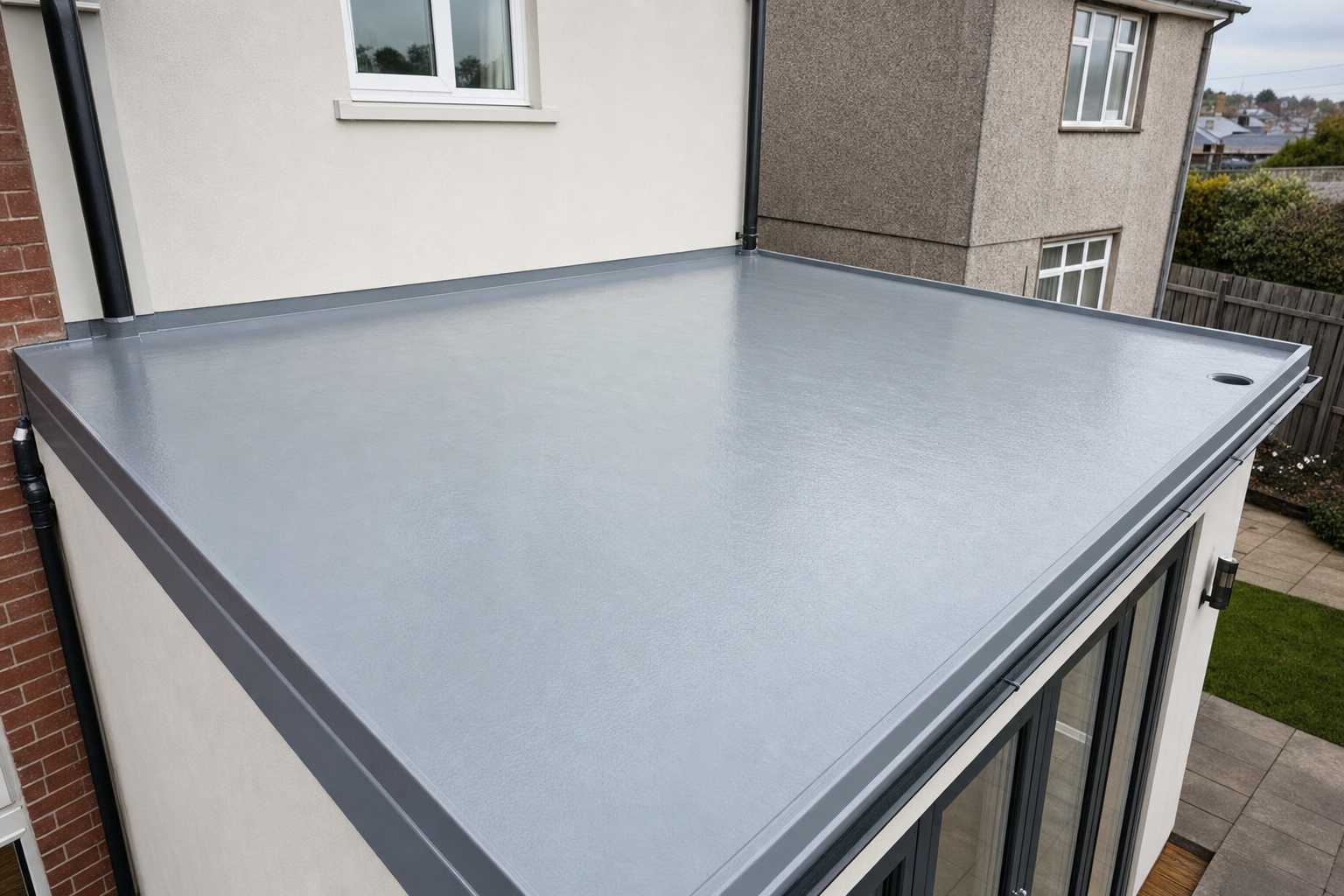 A newly installed flat grey roof on a modern residential extension.