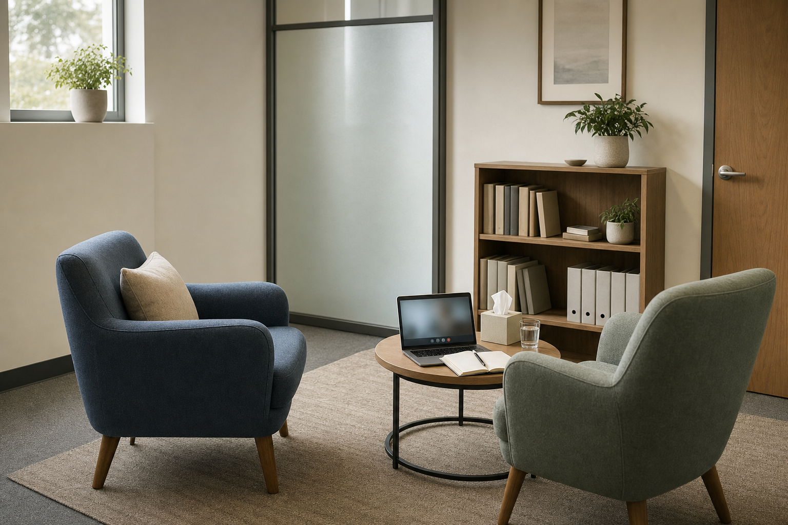 Two armchairs face each other in a modern office setting with a small table, laptop, and bookshelf.