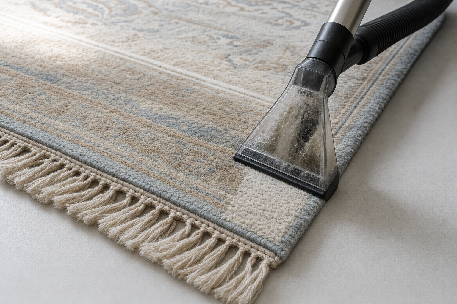 A vacuum cleaner attachment is used to clean a beige and blue patterned carpet with tassels.