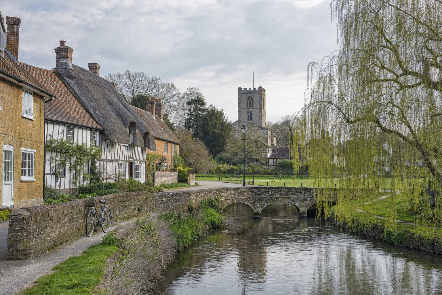 A quaint English village scene with thatched cottages, a stone bridge, and a church tower in the background.