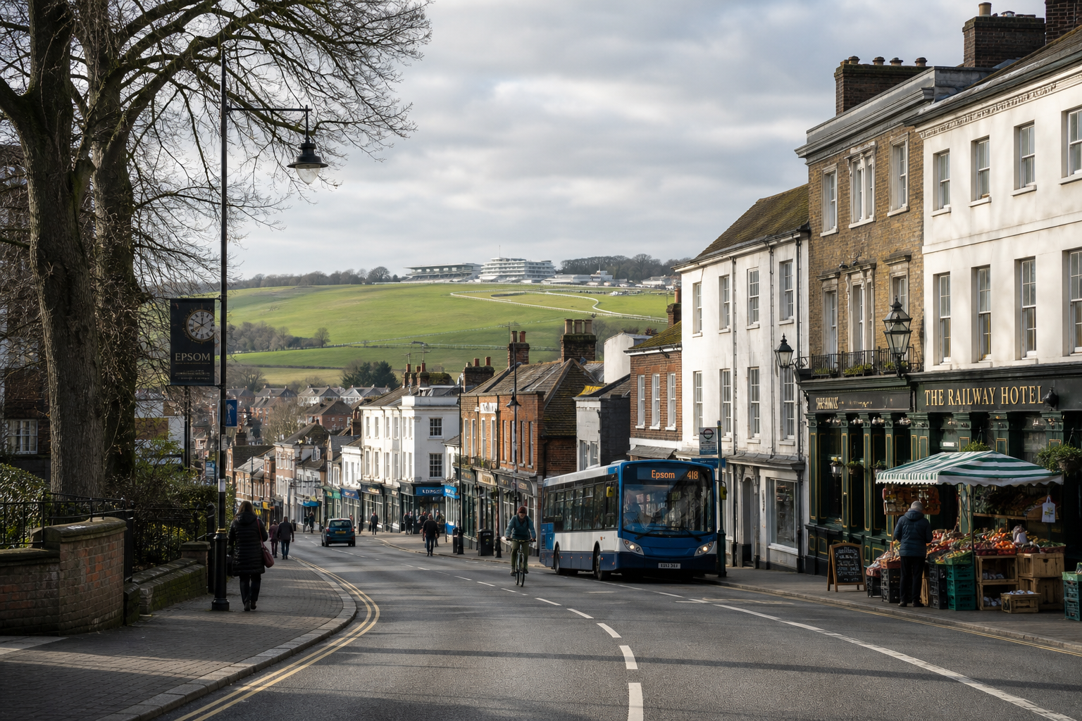 A bustling street in Regent Street, with people, shops, a bus, and rolling green hills in the background.
