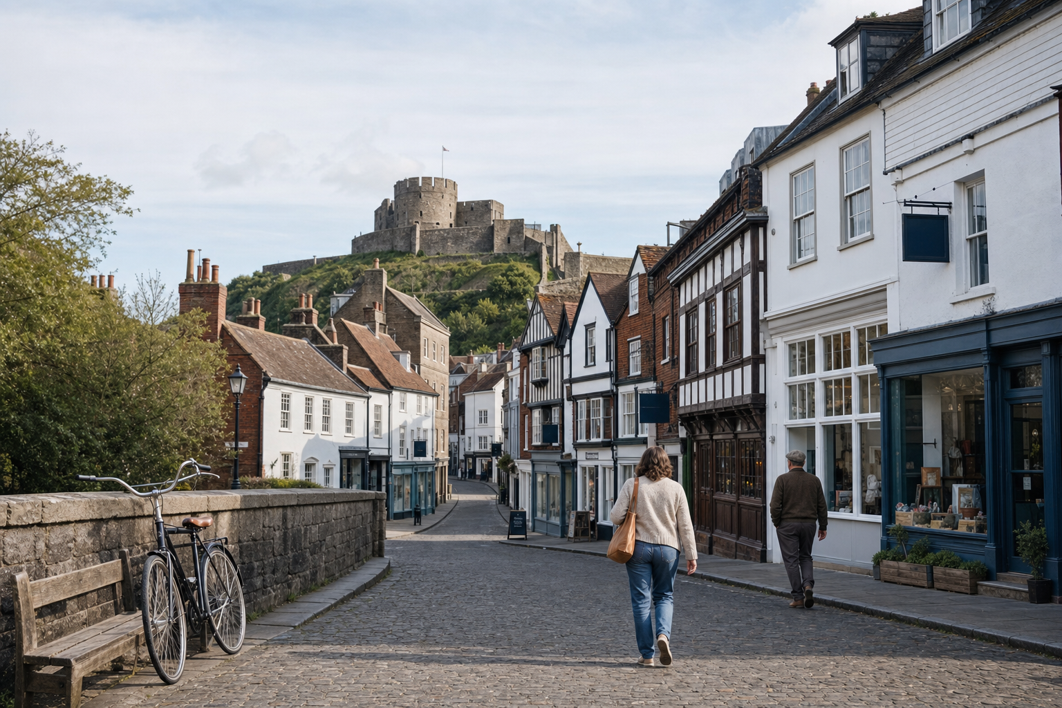 A pedestrian street with traditional English buildings leads to a historic castle on a hill, with a bicycle and a bench in the foreground.