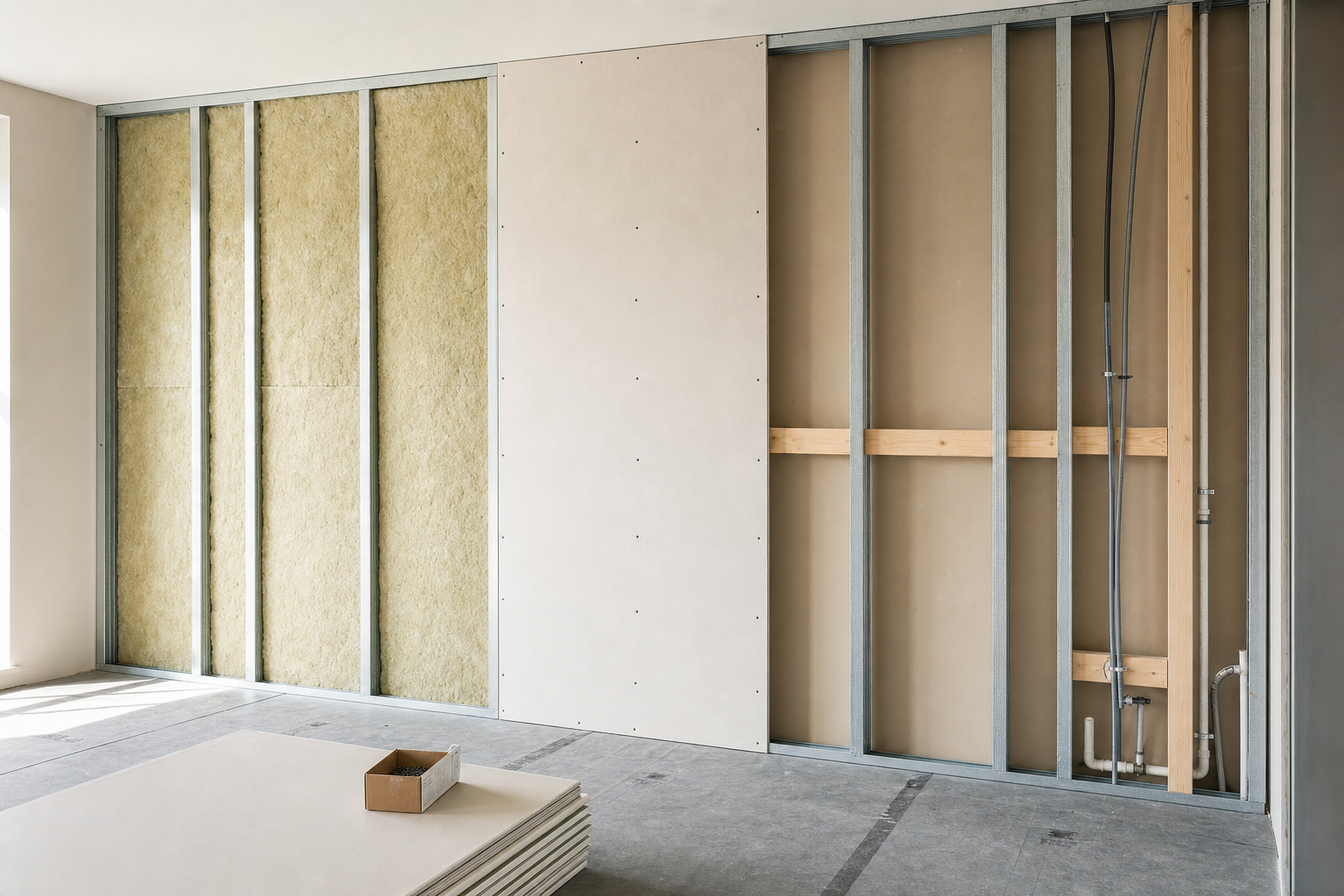 Unfinished interior wall with exposed insulation and metal framing, alongside a stack of drywall sheets and a box of screws.