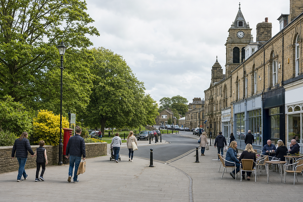 People walk along a tree-lined street with a cafe, historic buildings, and a clock tower in the background.