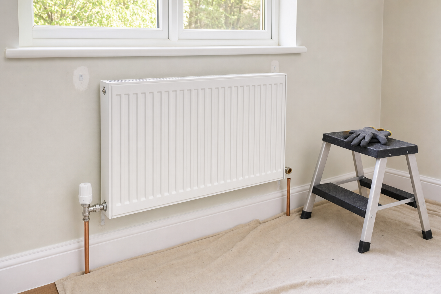 White radiator under a window with a step ladder and gloves on a tarp in a freshly painted room.