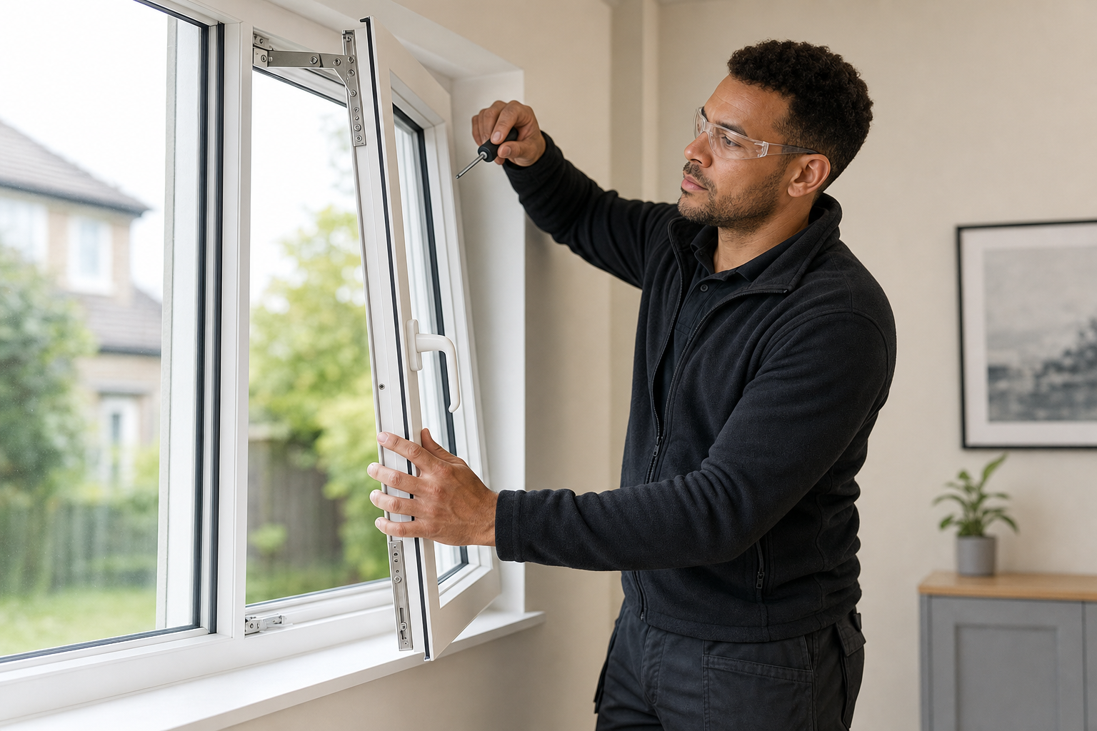 Man in black clothing installing a window while holding a screwdriver indoors.