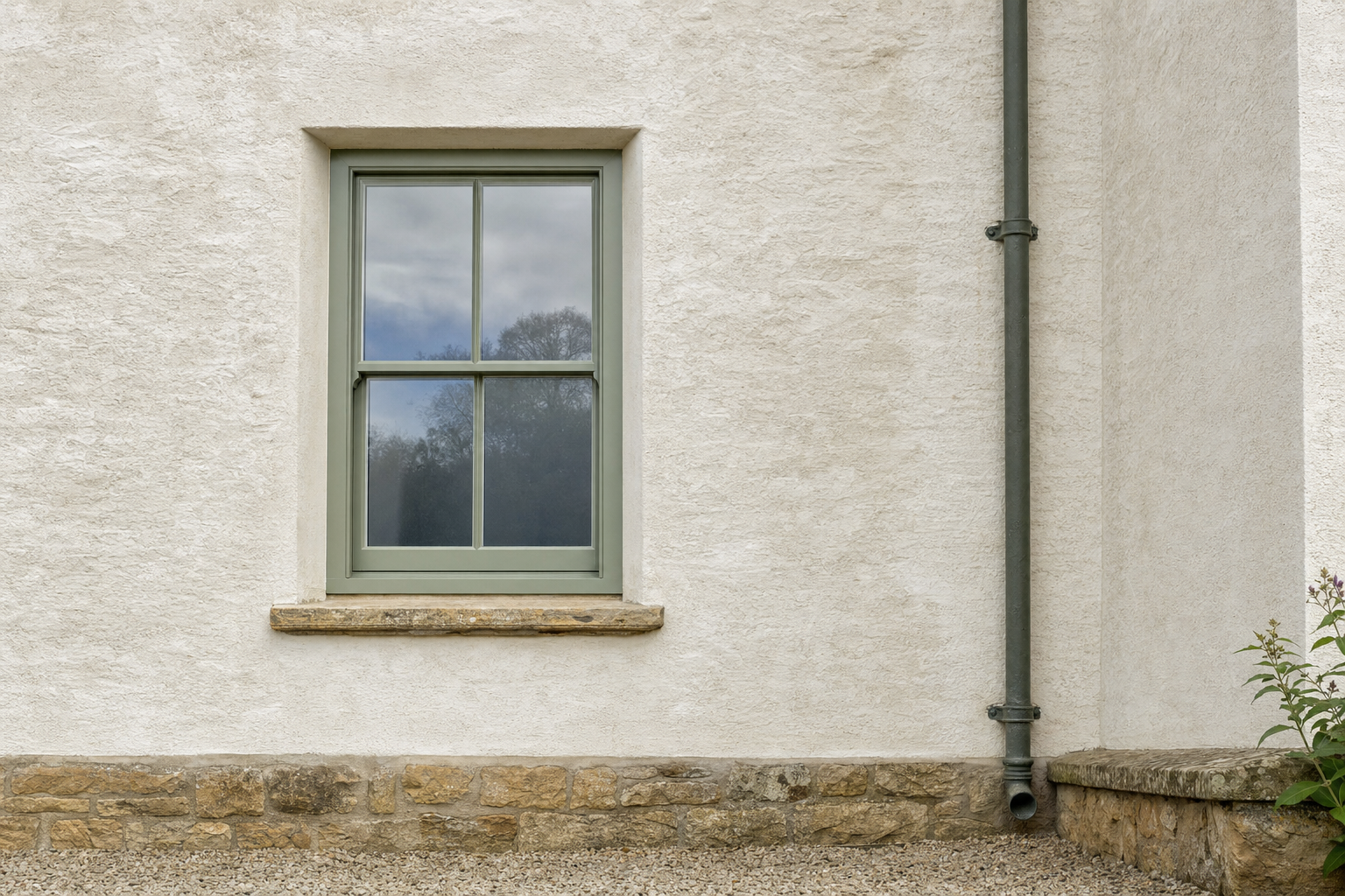 A green-framed window with a drainpipe on a cream stucco wall, reflecting trees and sky.