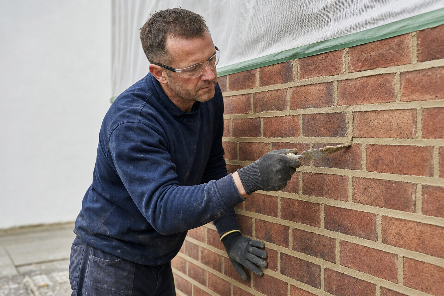 A man wearing safety glasses and gloves applies mortar between bricks on a red brick wall.