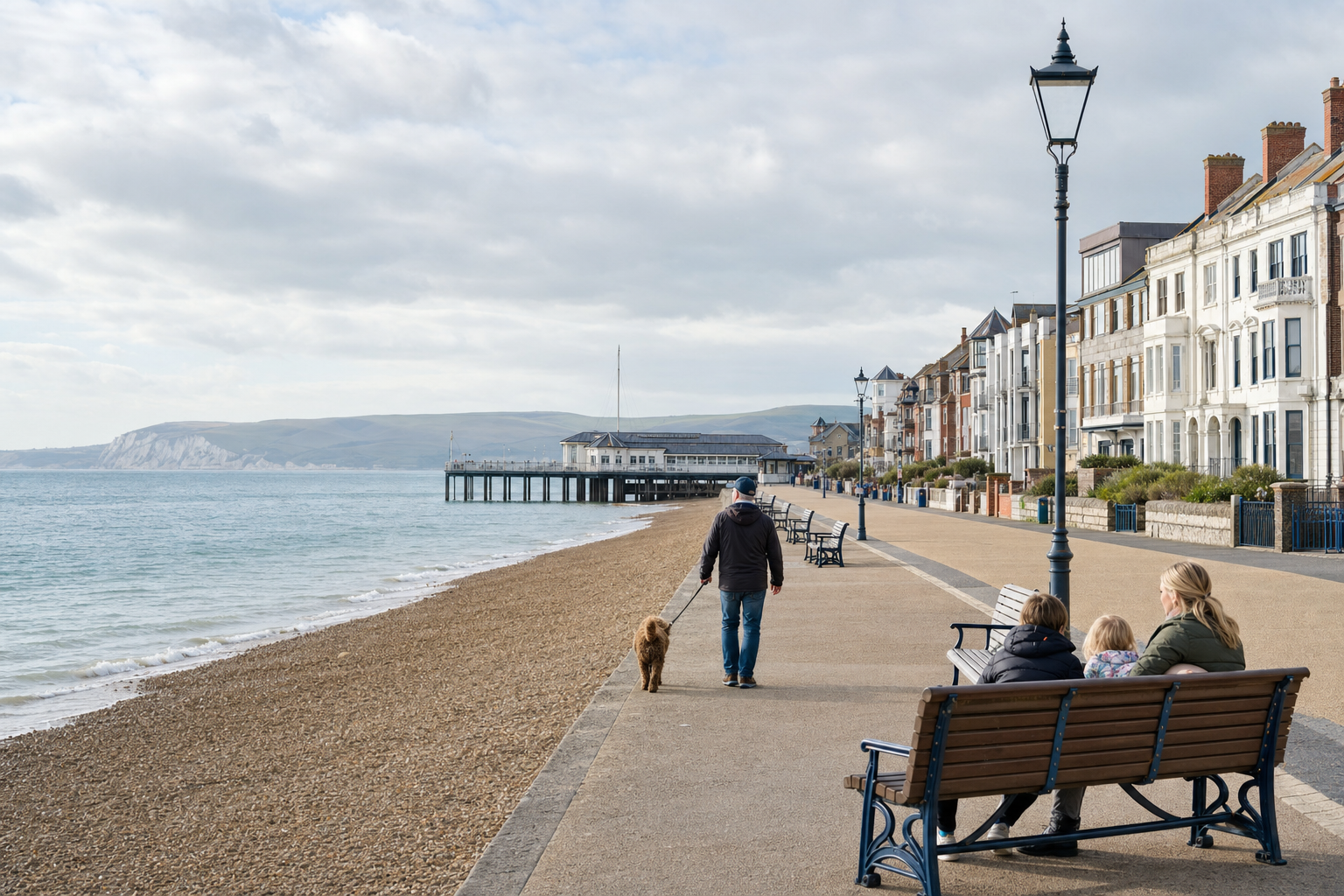 A person walks a dog along a seaside promenade with benches and Victorian buildings in the background.