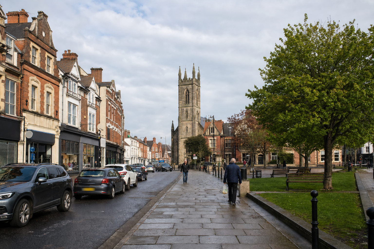A historic church tower overlooks a street lined with parked cars, people, and classic brick buildings on a cloudy day.