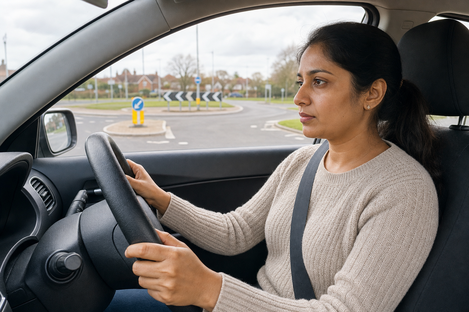 A woman driving a car approaches a roundabout on a cloudy day.