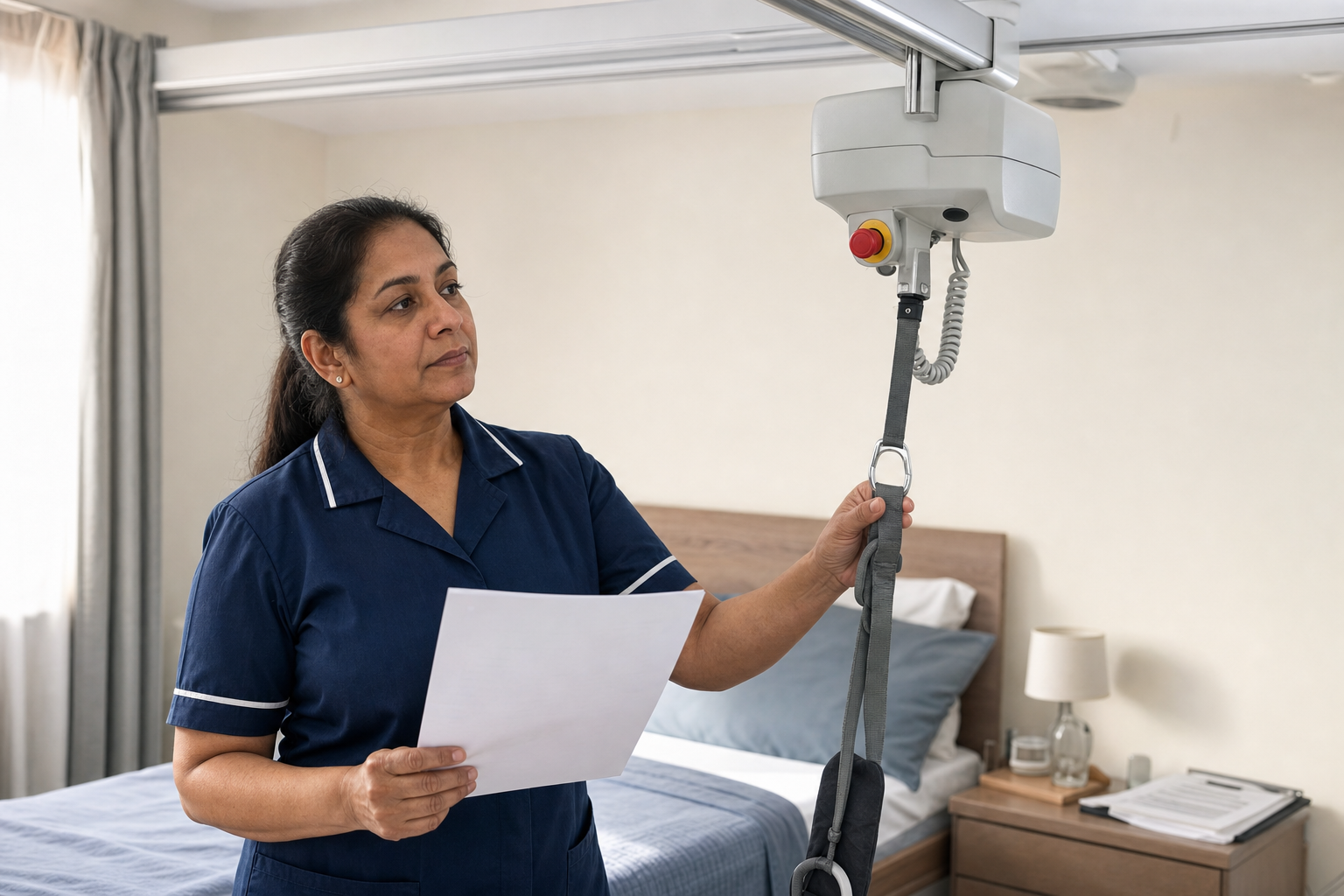 A nurse in a blue uniform checks a ceiling hoist in a hospital room while holding paperwork.