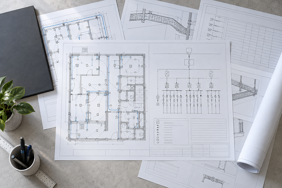 Architectural blueprints and a black notebook on a desk with a plant, ruler, and pens in view.