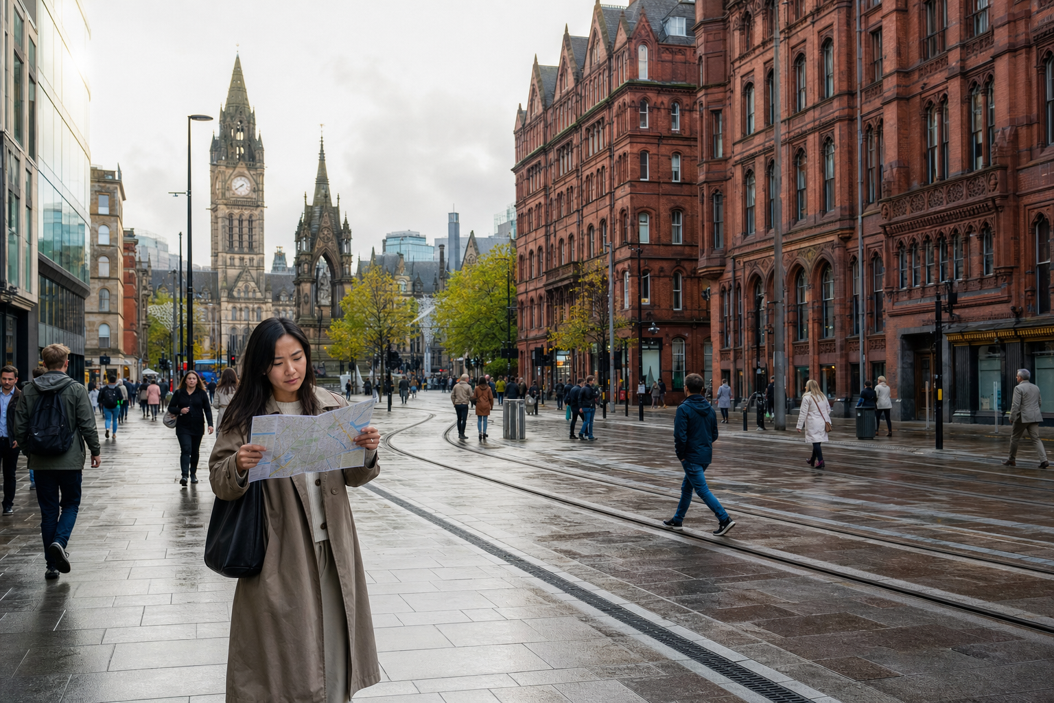 A woman studies a map on a busy street in front of historic buildings in Manchester.