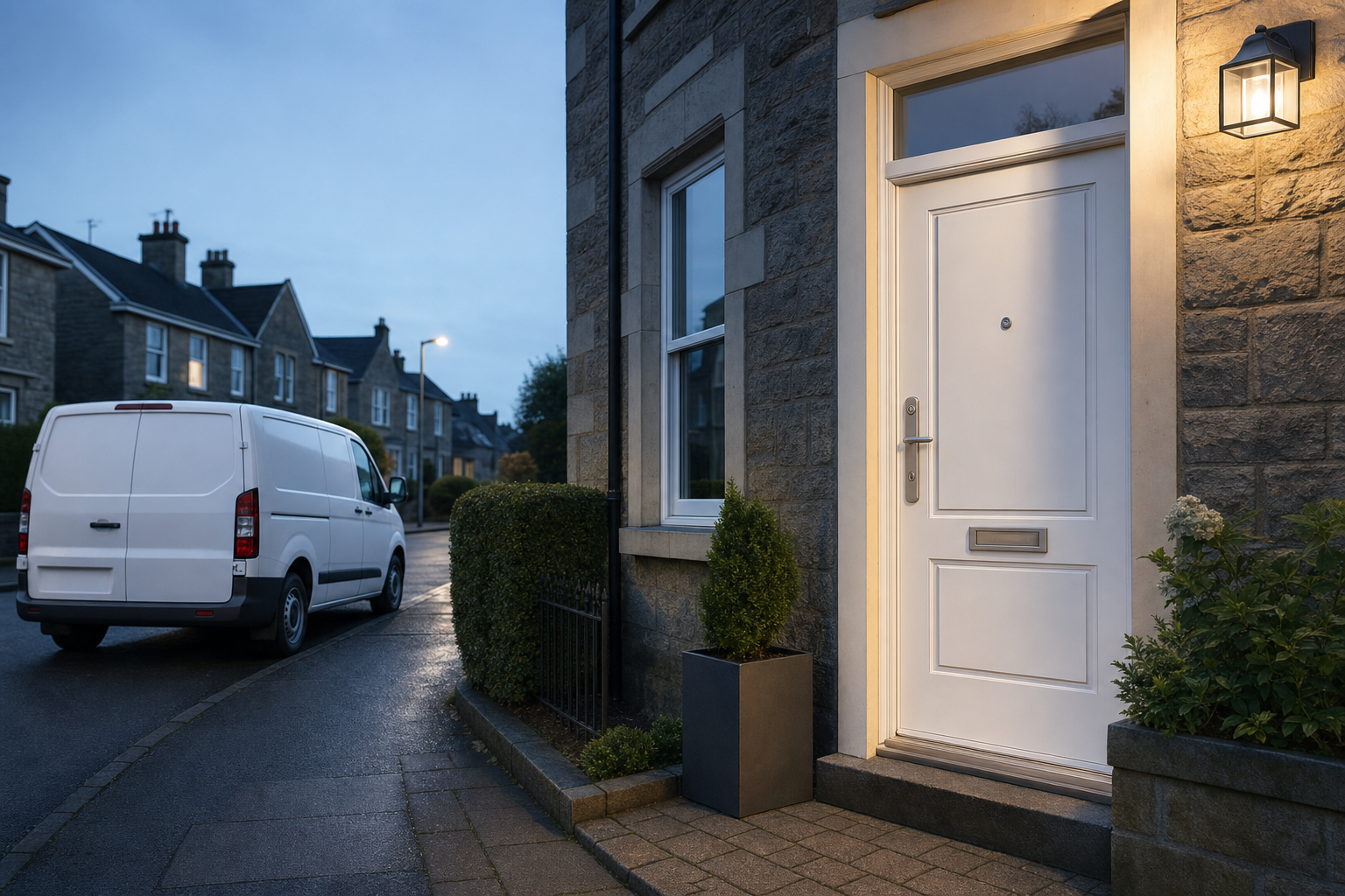 A white van parked on a quiet residential street next to a house with a lit porch in the evening.