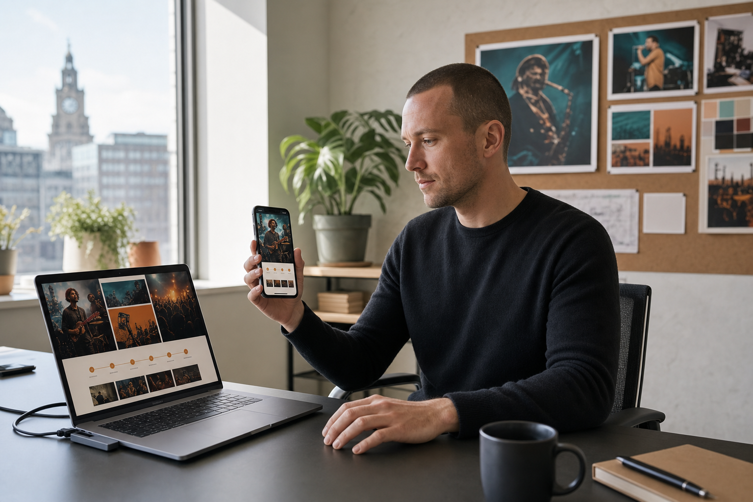 Person in a modern office views concert images on a smartphone and laptop, with a collage of music photos on a bulletin board behind.