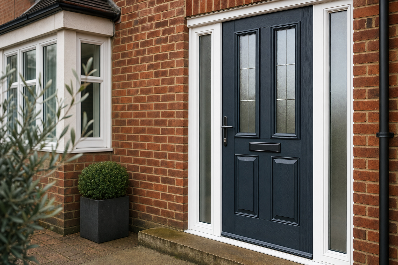 A modern dark blue front door with decorative glass panels beside a tidy plant in a pot against a brick wall.