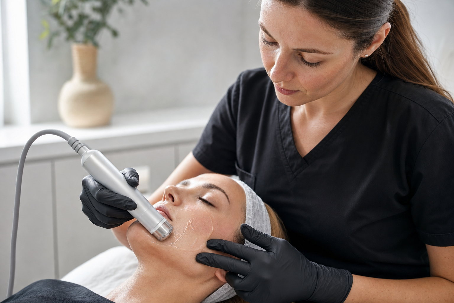 A beautician performs a skincare treatment on a client's face with a handheld device.