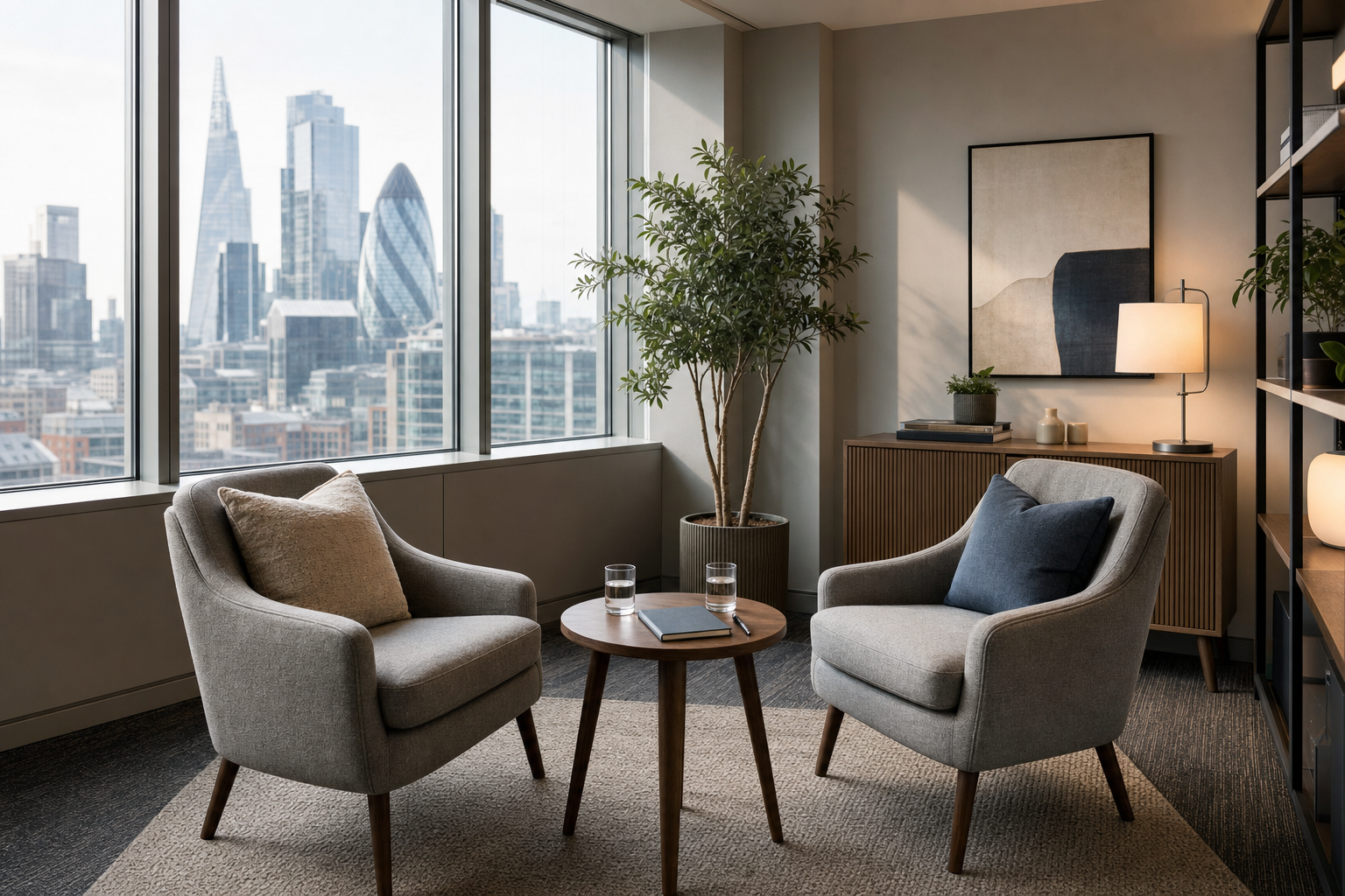 A modern office lounge with two grey chairs, a small round table, and a view of London's skyline through large windows.