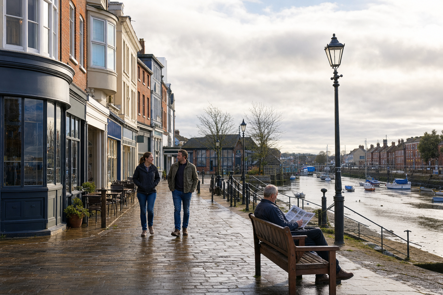 Two people walk along a riverside promenade, while a man reads a newspaper on a bench near moored boats.