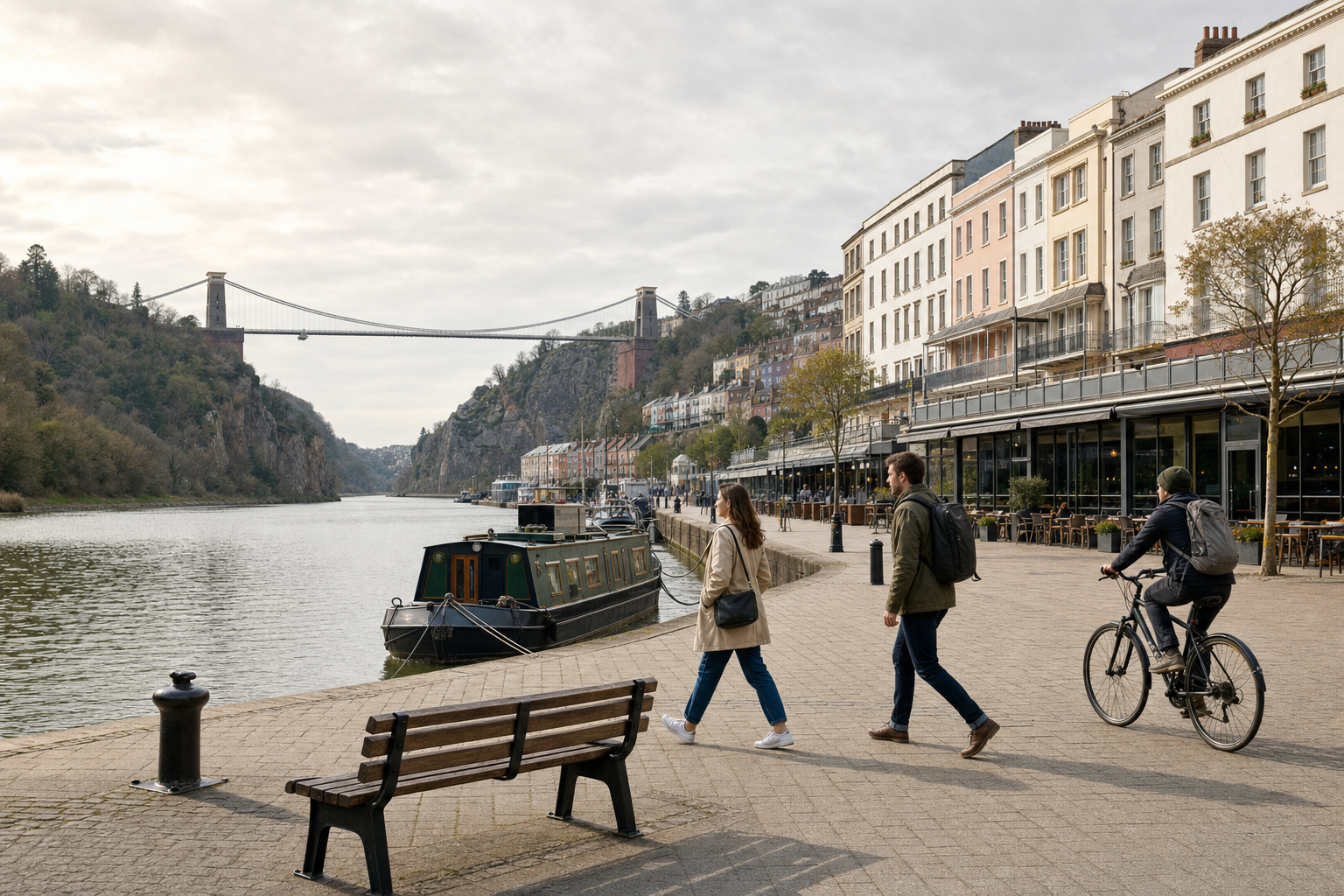 People walking and cycling along a riverside promenade, with the Clifton Suspension Bridge in the background.