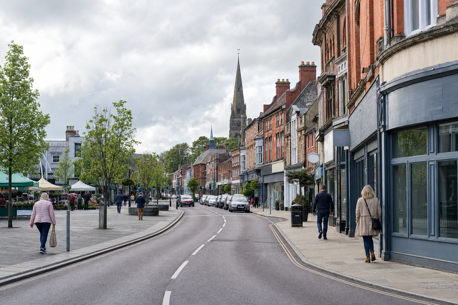 A quaint British high street with red brick buildings and a church spire under a cloudy sky.